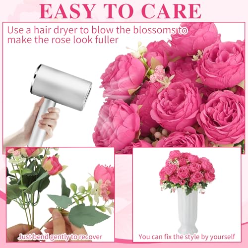Image of 8 Pack Hot Pink Peonies Artificial Flowers, Fake Silk Hydrangea Bouquet for Bridal Wedding Home Table Decor Reusable Dining Opening Ceremony Birthday Arrangement Faux Floral
