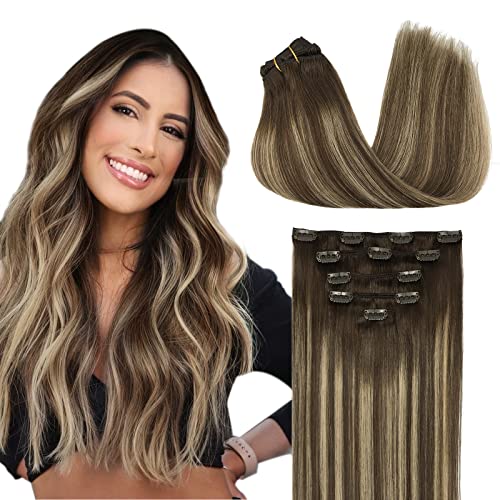 DOORES Clip in Human Hair Extensions, 5pcs 80g 20 Inch Balayage Chocolate Brown to Honey Blonde, Straight Long Hair Extensions Remy Human Hair Clip ins