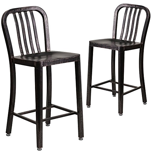 Flash Furniture Stuhl für den Außenbereich, verzinkter Stahl, Schwarz/Antikgold, 48,3 x 40 x 92,1 cm