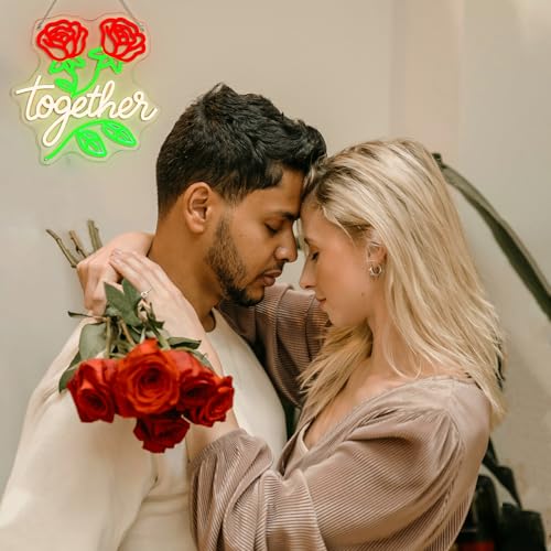 Image of Looklight Together Neon Sign Wedding Neon Signs for Wall Decor Flower Light Happy Anniversary Sign Rose Wall Decor Led Lights for Anniversary Celebration Wedding Party Bedroom Home Decorations Gifts