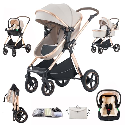 Shineey kinderwagen 3 in 1 Buggy Babybett Komplett Set Einem Klick Zusammenklappbarer Kinderwagen, 3 in 1 KombiKinderwagen Aluminiumrahmen für Neugeborene