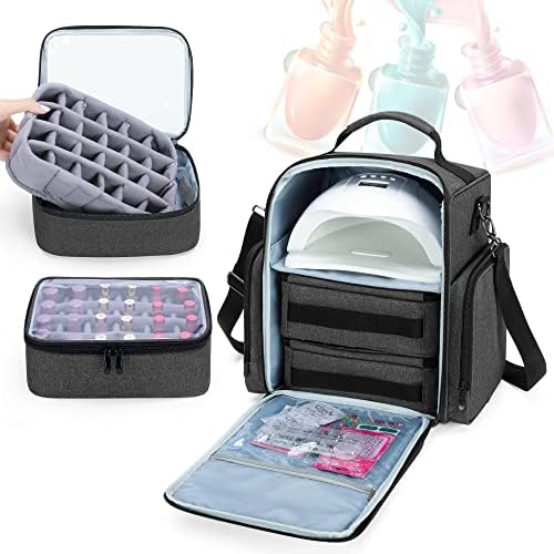 BAFASO Nail Polish Organiser Holds 48 Bottles (15ml - 0.5 fl.oz) and a Nail Lamp, Large Nail Polish Case with 2 Removable Pouches and Multiple Storage Sections (Bag Only), Black (Patented)
