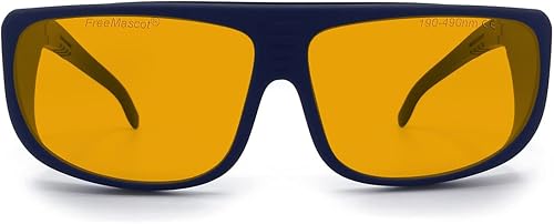 FreeMascot Profesional OD 6+ 190nm-490nm Longitud de onda VioletaAzul Laser Gafas de Seguridad para 405nm, 445nm, 450nm, 473nm Laser