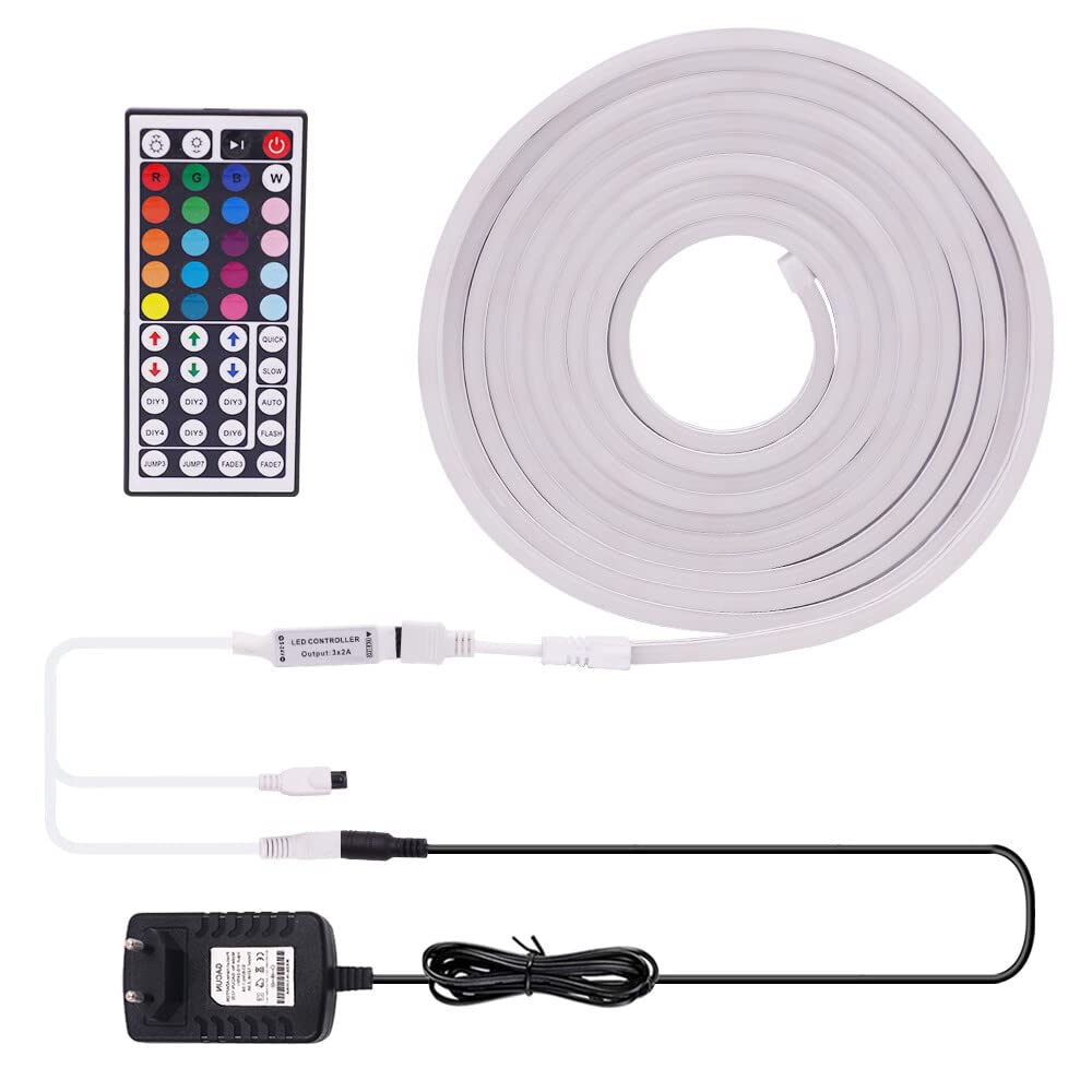 RGB Neon LED Streifen 6M, DC12V 3535 108LEDs/m Silikon Flexibler Neonstreifen, Multi-Farbwechsel Neon LED Lichtband mit Netzteil & IR Fernbedienung für Schlafzimmer, Weihnachtsfeier