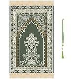 Silkovahamd Prayer Mat Ramadan Gifts - Portable Green Muslim Prayer Rug Islamic Tasbih Beads, Praying Mat Carpet for Salah Namaz Eid Meditation Travel Decorations for Home