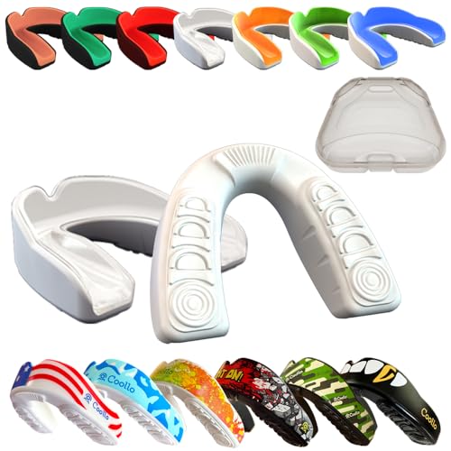COOLLO SPORTS Boil and Bite Mouth Guard (Youth & Adult) DA Custom Fit Sport Mouthpiece for Football, Hockey, Rugby, Lacrosse, Boxing, MMA (Free Case Included!) (Trans. & White, Ages 11 & Above)