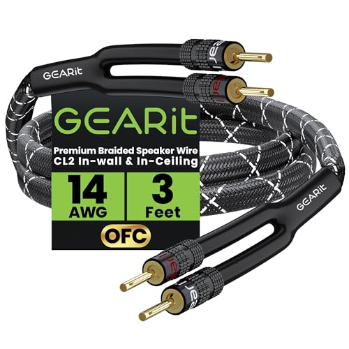 GearIT Hi-Fi 2x2.5mm≤ Speaker Wire with Banana Plugs (0.91 Meters - Black) OFC Oxygen-Free Copper, CL2 In-Wall Speaker Cable, Heavy-Duty Braided - 14 Gauge AWG, 3 Feet