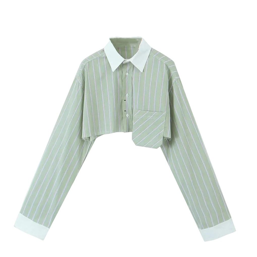 Camicia corta a righe da donna con bottoni sul davanti, maniche lunghe, colletto con risvolto e tasca
