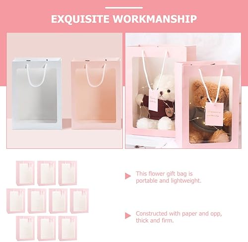 Miniatura 4 de iplusmile 10 bolsas de regalo rosas con ventana, bolsas de regalo de ramo de flores con asas de 13.4 x 9.1 x 3.9 pulgadas, bolsa de compras de papel