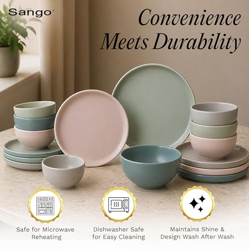 Sango 16-Piece Stoneware Dinnerware Set for 4, Satin Glazed Plates and Bowls Sets with Matte Finish, Ceramic Dish Set, Durable Kitchen Dishes, Microwave & Dishwasher Safe Dining, Rollo Artist's Blend by SANGO - Used condition - Image 4