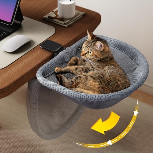 JUNSPOW Atmungsaktives Mesh Katztischbett halbkreisförmiges Katzenbett | mit One-Click-Faltung und platzsparendem Design, geeignet für die meisten Schreibtische, maximale Tragfähig