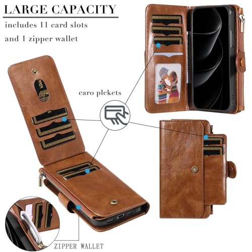 Étui portefeuille iPhone 14 Pro Max cuir marron housse rabat fente cartes fermeture éclair
