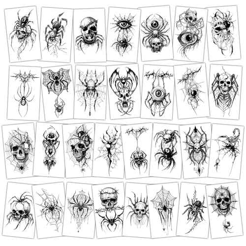 Konsait 30 Sheets Skeleton Spider Tattoos - Scary Halloween Skull Spiderweb Temporary Tattoos for Adult, Halloween Makeup & Cosplay Accessories
