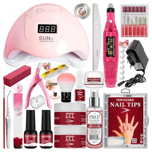 Kit Unhas de Gel Lixadeira Elétrica Caneta 20.000 RPM Cabine Sun 5 LED UV 48w Digital (ROSA)
