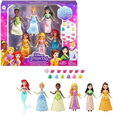 Disney Princess Small Doll Party Set with 6 Posable Princess Dolls in Sparkling Clothing and 13 Tea Time Accessories