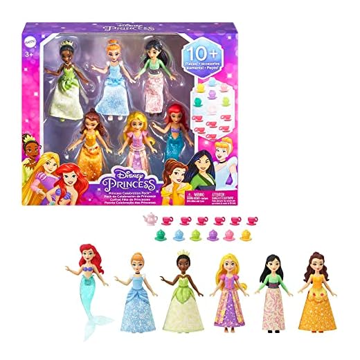 Disney Princess Small Doll Party Set with 6 Posable Princess Dolls in Sparkling Clothing and 13 Tea Time Accessories