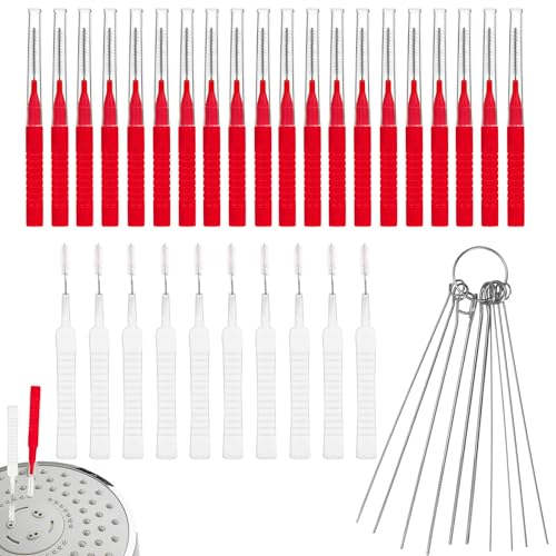 40pcs Shower Head Cleaner Tools, 2 Designs Shower Head Cleaning Brushes Multi-Size Showerhead Cleaner Picks Anti-Clogging Cleaning Brush for Bathroom Small Hole Gap Nozzle Window Slot (Red)