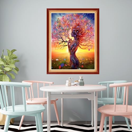 Image of Redxing Stamped Cross Stitch Kits Full Range of Embroidery Starter Kits- Needlepoint Counted Cross Stitch Kits for Beginner Adults 11CT Printed Embroidery Kit-Girl Colorful Tree 16x20 inch