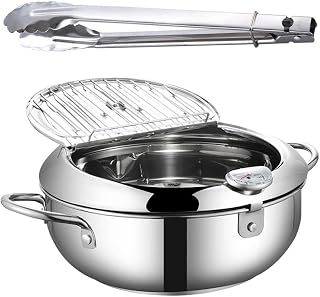Deep Fryer Pot Soup Pot Small Removable Oil Frying Pan Tempura Frying Pot with Lid for Squid Rings Veggies Potato Chips Fish, silver 24cm and clip
