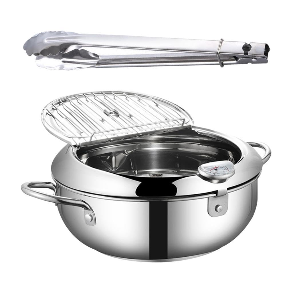 Olla Freidora Japonesa con Desmontable Filtro de Aceite Reutilizable Tapa Giratoria y Estructura Resistente Adecuada para Pollo Pescado, Plata 24cm y Clip, Individual