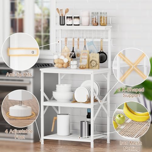 رف خبازين مع إضاءة LED، حامل ميكروويف صغير مع رفوف بـ4 مستويات، طاولة محطة ركن القهوة مع 6 خطافات على شكل S للمطبخ للتوابل والأواني من يانارا، أبيض