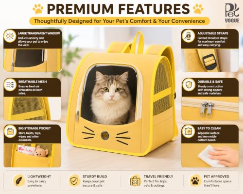 Image of PetVogue Foldable Cat Carrier Backpack, Breathable Portable Pet Travel Bag with Transparent Window, Mesh Ventilation, Soft Comfortable Backpack for Cats & Small Dogs, Yellow