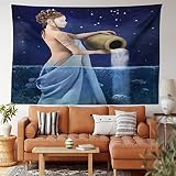 Salon Une Femme Verseau Avec Un Seau Dans L'Eau De Mer Signe Le Mystère De Saturne Aux Étoiles De La Nuit Murale Décoration Lavable Tapisserie Tenture Pour Décoration, Fond Anniversaire, 152X130Cm