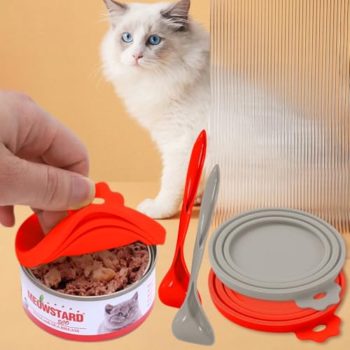 Image of 4PCS Pet Food Can Lids, Silicone Food Can Covers Set with Spoon, Reusable BPA-Free and Dishwasher Safe for Dog and Cat Food Canned, Grey /Red