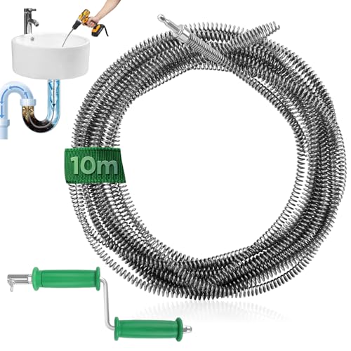 Furet Deboucheur Canalisation 10 m, ø10mm Spirale de Nettoyage de Canalisations avec Adaptateurs Électriques et Manuels Professionnel Tige de Nettoyage Tuyaux Débouchage WC Toilette Sonde Debouchage