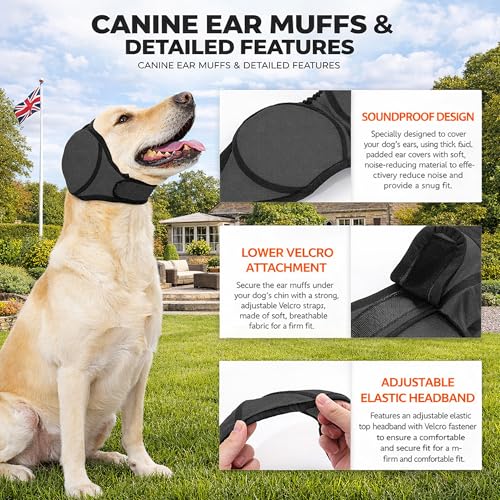Dog Ear Defenders for Fireworks & Anxiety, Waterproof Dog Snood for Grooming & Bathing, Adjustable Neoprene Ear Protectors for Spaniels & Medium Breeds (Grey, M)