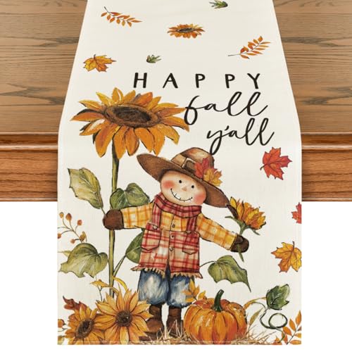 Artoid Mode Scarecrow Sunflower Happy Fall Table Runner, Seasonal Autumn Thanksgiving Kitchen Dining Table Decoration for Home Party Decor 13x72 Inch