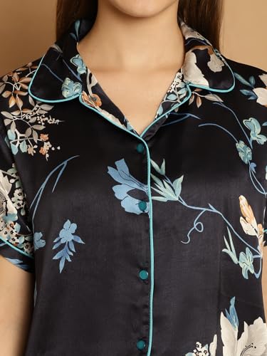Image of Shararat Women's Satin Night Suit Shirt & Pyjama Set /Sleepwear /Lounge Night Wear /Night Dress, Blue