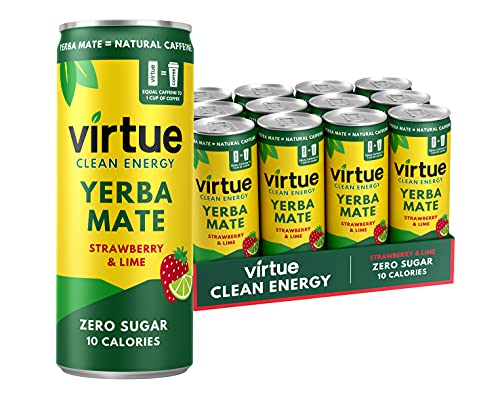 Virtue Yerba Mate - Zero Sugar Natural Energy Drink, 12 Pack (Strawberry & Lime 8.4oz)