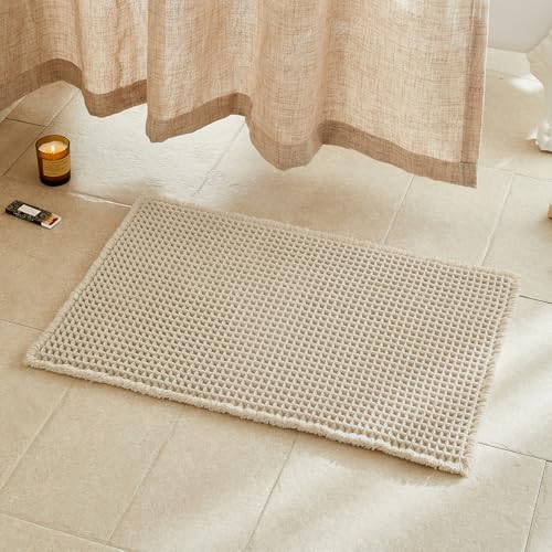 TYUU Pale Beige Bathroom Rug Waffle Bath Mat Non Slip Washable Super Absorbent Quick Dry Boho Farmhouse Bathroom Decor 30x20 / 18 x 26 Pale Beige