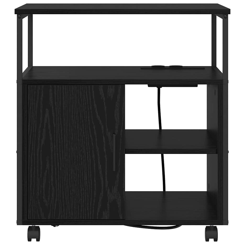 Armadio con stazione di ricarica, effetto rovere nero, armadietto portaoggetti con ruote, 3 ripiani, 4 scomparti, in legno, 61 x 46 x 67 cm, per ufficio, casa e mensola