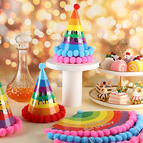 48 Pcs Rainbow Birthday Party Hats, Cone Party Hats For Kids Birthday Hat With Pom Pom Mini Party Hats For Birthday Party Games Accessories Circus Costume #TOP4