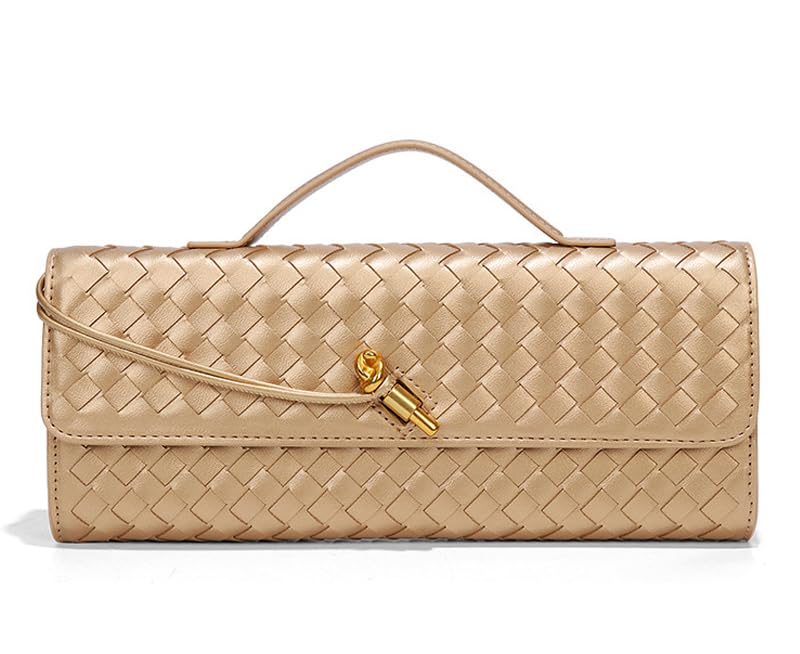 Woven Clutch Purses For Women, Woven Leather Crossbody Bag Purse Rectangle Clutch Bag & Unique Gold Knot Closure (Champagne)