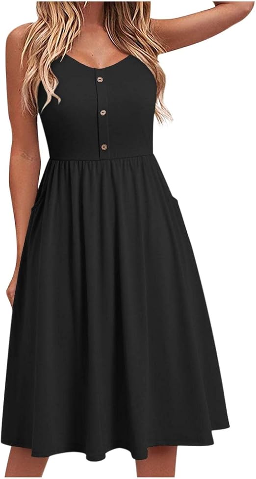 Amazon.com: Vestido elegante para mujer, de color sólido, con botones,  cuello en V, sin mangas, falda de verano, playa, casual, vestido de fiesta  : Deportes y Actividades al Aire Libre