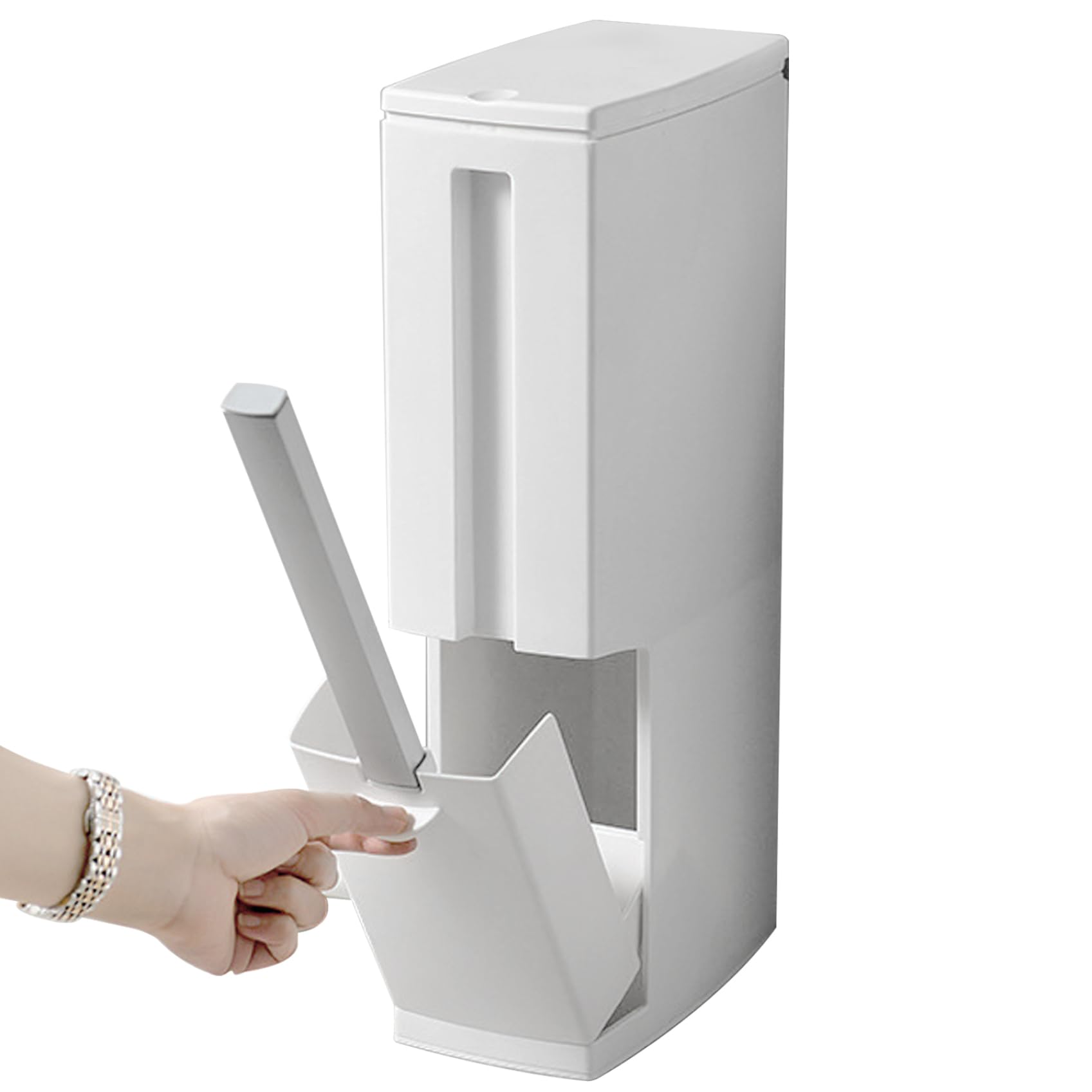 Schlanker weißer Badezimmer-Mülleimer mit WC-Bürstenhalter, platzsparend, rechteckiger Windeleimer für Zuhause, Küche und Badezimmer, Deckel zum Drücken zum Öffnen, 10,9 x 20,9 x 41,3 cm