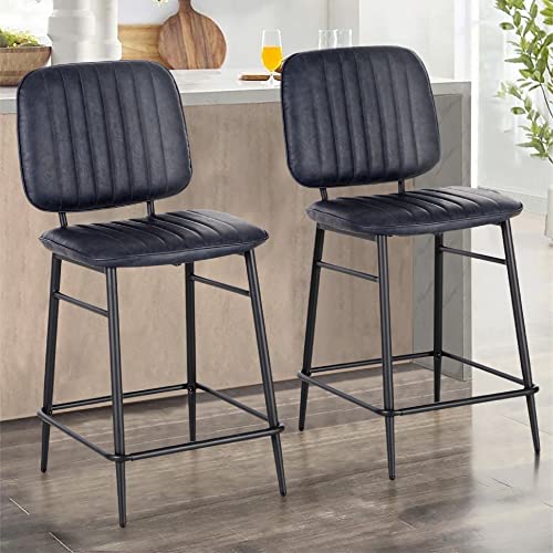 Alpha Home Bar Stools Set Of 2, Counter Stools With High Back, Modern Upholstered Cushion Barstools Chair With Metal Frame For Kitchen Dining Cafe Indoor, 24 Inch, Dark Blue, 2Pcs #TOP10