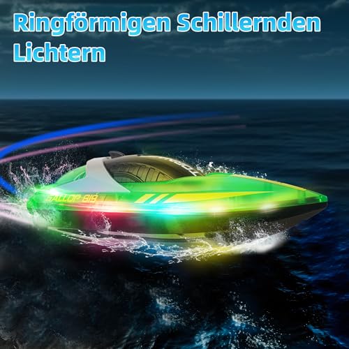 Ferngesteuertes Boot ab 6 8 Jahre, 2,4 GHz RC Boot Ferngesteuert für Kinder mit LED-Licht, 15 KM/H Speedboot Motorboot Spielzeug für Pool Kinder