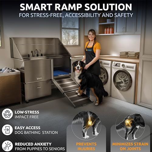 Image of KANIS Professional Dog Washing Station 304 Stainless Steel Pet Wash Sink & Grooming Bathtub w /Shower, Floor Grates and Storage for Large, Medium & Small Pets (Silver, 50 Inches, Right Ramp, 1 Drawer)
