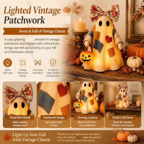 Décoration d'Halloween vintage figurine patchwork rustique éclairée avec lanterne citrouille