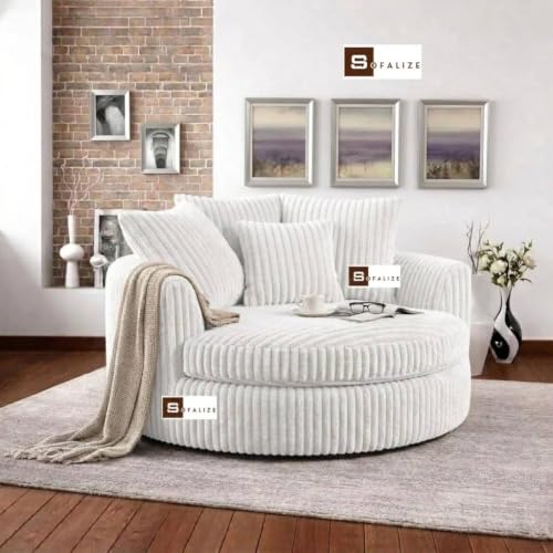 Image of SOFALIZE - Modern Barrel Accent with Pillows Round Sofa Combines Contemporary Design Oversize Arm Chair Cozy Club Chair for Bedroom, Living Room, Lounge, Hotel & Office, Hallways (White)