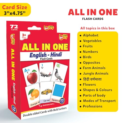 Image of Flash Cards for 3 Year Old | 72 Double-Sided English-Hindi Flashcards with 120+ Pictures | Alphabet, Animals, Fruits & Learning Cards for Kids | Preschool Educational Toy