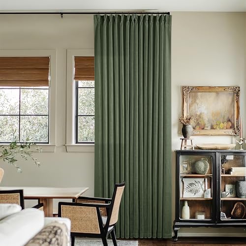 Image of 108 Inch Linen Pleated Curtains 2 Panels Set for Living Room Bedroom Farmhouse Cotton Rustic Farmhouse Back Tab Memory Trained Pinch Pleat Window Curtain Olive Green 108 Inch Length for Office 9FT