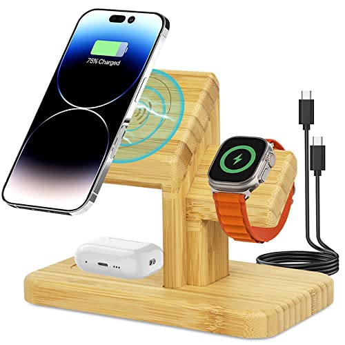 3 in 1 Wireless Charger Stand for Apple, 20W Fast Magnetic Bamboo Charging Station for iPhone 15/14/13/12 Pro/Max/Plus, for Apple Watch 8/7/6/SE/5/4/3/2, for Airpods 3/2/Pro