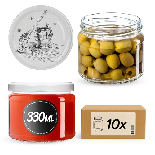 KADAX Tarros de cristal para mermelada, 330 ml, con tapa de rosca fi82 mm, para mermelada, miel y mermelada, tarros de cristal con tapa (10 unidades)