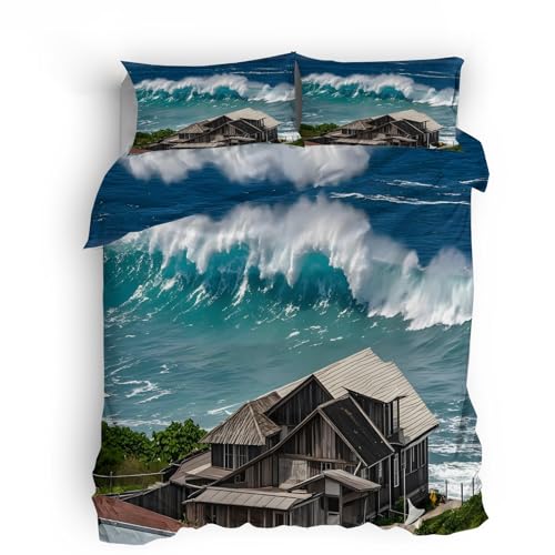 Funda nórdica Cama Verano 150x200cm Olas del Mar Funda nórdica Cama Invierno Cubierta para Dormir en Microfibra, Doble diseño, Cremallera Invisible, cómoda Todo el año