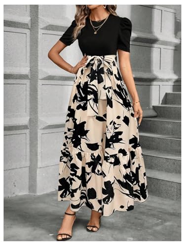 WDIRARA Women's Floral Print Color Block Maxi Dress Puff Sleeve Belted A Line Dresses4